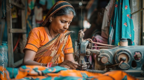 A woman is sewing a piece of fabric
