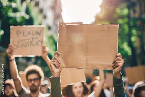 Super Realistic and Elegantly Composed Image of a Peaceful Labour Day March, Hands Holding Placards with Messages of Solidarity, Shot in Ultra High Definition photo