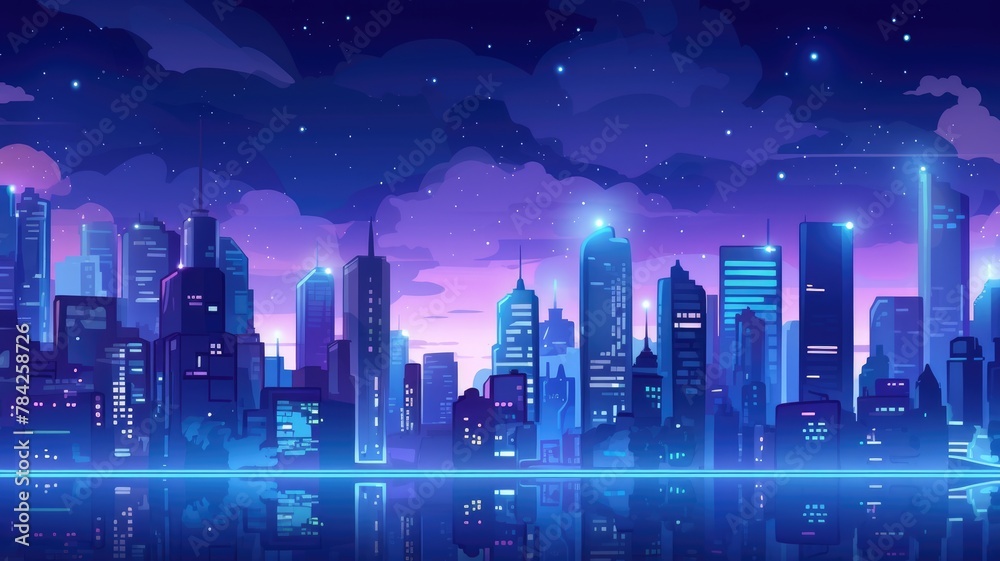 Cartoon cityscape at night, where city lights dance under a starlit sky