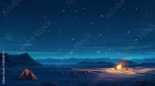 Travel and Exploration  A 3D vector illustration of a traveler camping under the stars in a desert