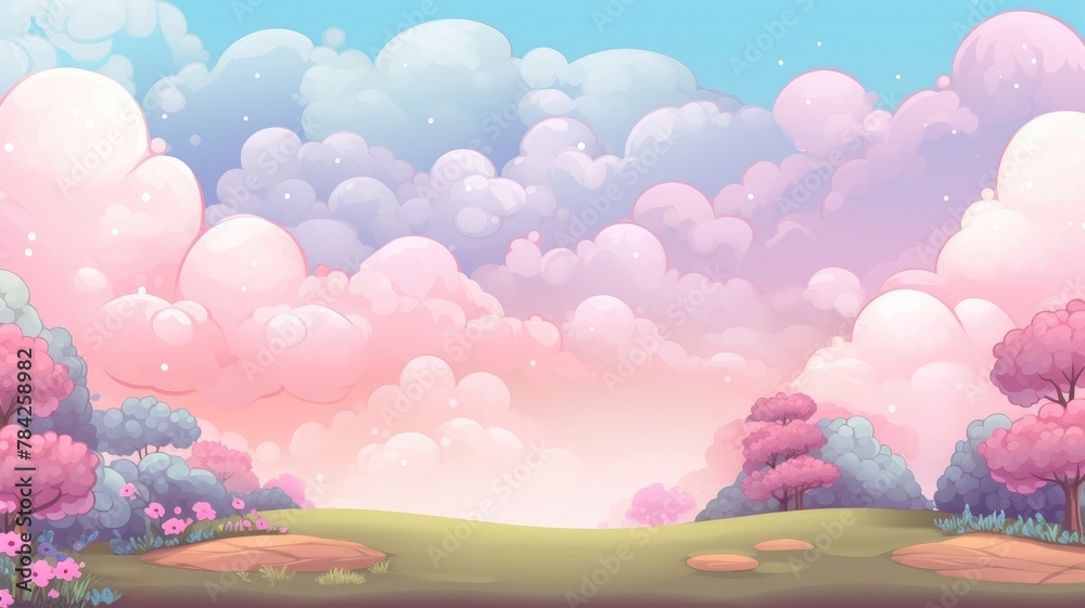 Cartoon landscape illustration  with colorful blooms, lush greenery, and majestic mountains under a serene sky