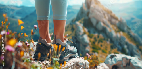 Travel banner with Close-up of a hiker's boots on rocky terrain overlooking a mountainous landscape. Generative AI