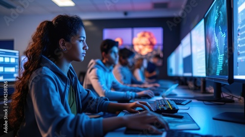 A group of people is sharing a computer lab in a building  sitting in front of computer monitors and using peripherals like keyboards on a table. AIG41