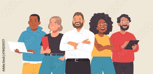 Business team. Men and women, colleagues stand together. Portrait of company employees. Vector illustration #784259377
