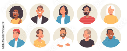 Set of business people avatars. Portraits of happy men and women in a circle on a white background. Vector illustration photo