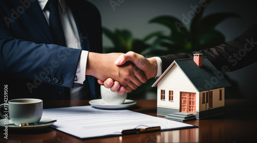 Image of a house with keys and a real estate sale / purchase / lease agreement. A successful transaction. Generative AI