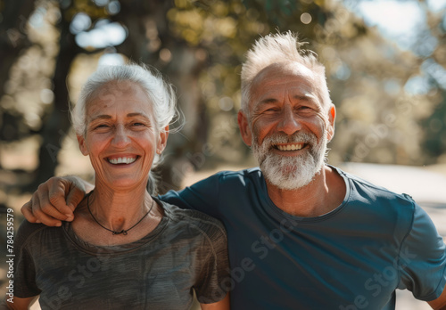 Smiling senior couple doing sports in the park, healthy lifestyle concept with happy young people running and jogging outdoors on a summer day