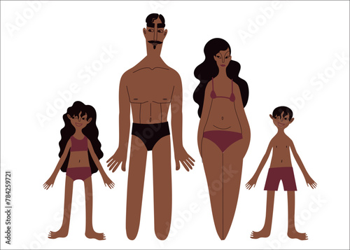 Flat Latino family: man, woman and kids in underwear portraits of different shapes and sizes vector illustration set. Tanned brown skin people with black hair in cartoon style for multinational and