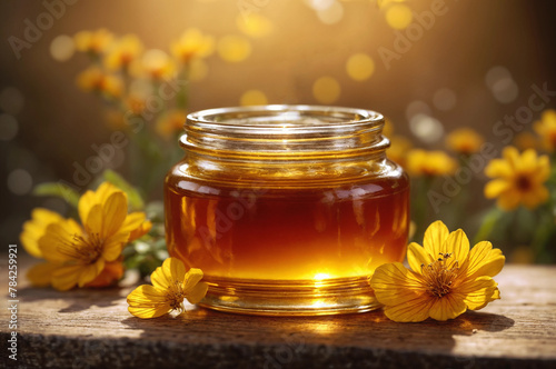Jar of golden honey, its rich amber hues glistening in the soft sunlight. Generative AI