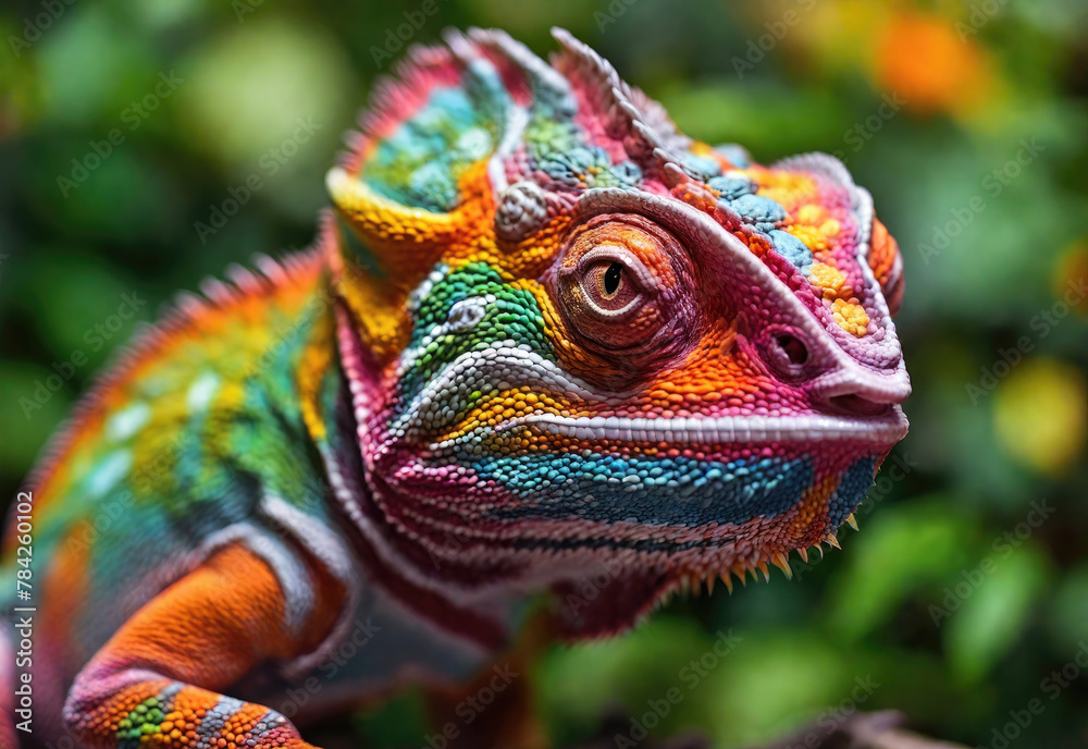 Beautiful multi-colored chameleon against a bright bokeh background Beautiful multi-colored chameleon against a bright bokeh background