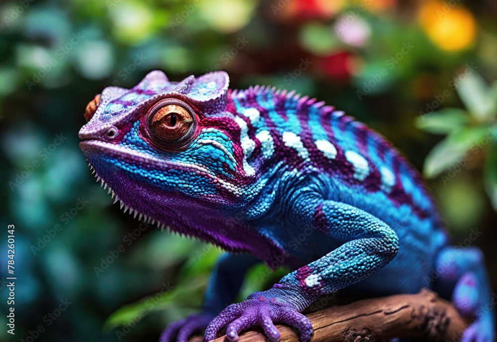 Beautiful multi-colored chameleon against a bright bokeh background Beautiful multi-colored chameleon against a bright bokeh background