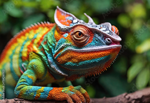 Beautiful multi-colored chameleon against a bright bokeh background