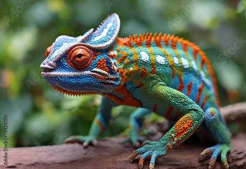 Beautiful multi-colored chameleon against a bright bokeh background