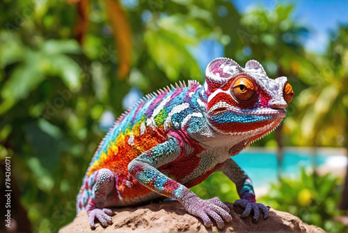 Beautiful colorful chameleon on a tropical island 