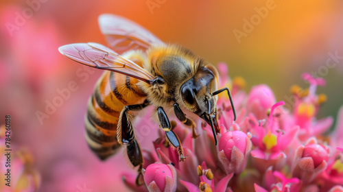 Macro closeup of honey bee collecting pollen to make honey.