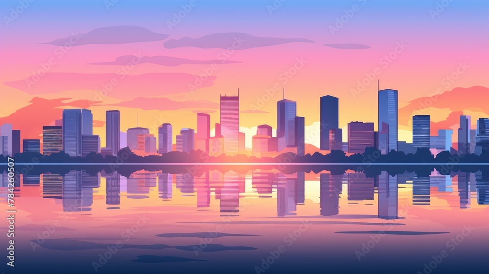 vibrant cityscape at sunset, with silhouetted skyscrapers and a reflective lake