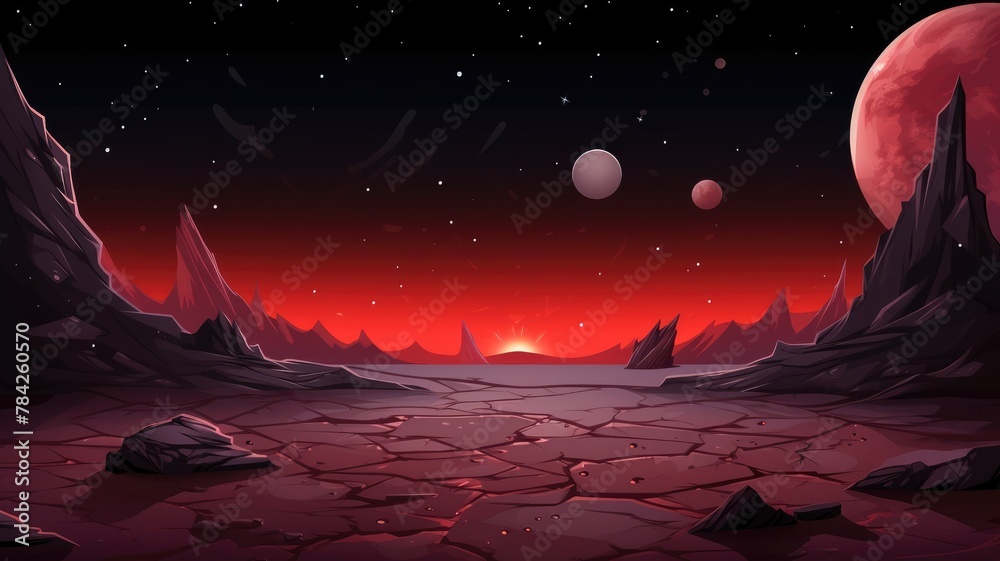 red-toned alien landscape under a starry sky with twin moons Stock ...