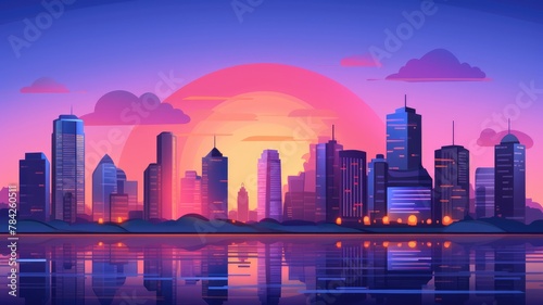 vibrant cityscape at sunset, with silhouetted skyscrapers and a reflective lake