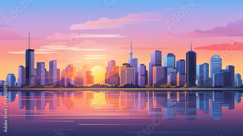 vibrant cityscape at sunset, with silhouetted skyscrapers and a reflective lake © chesleatsz