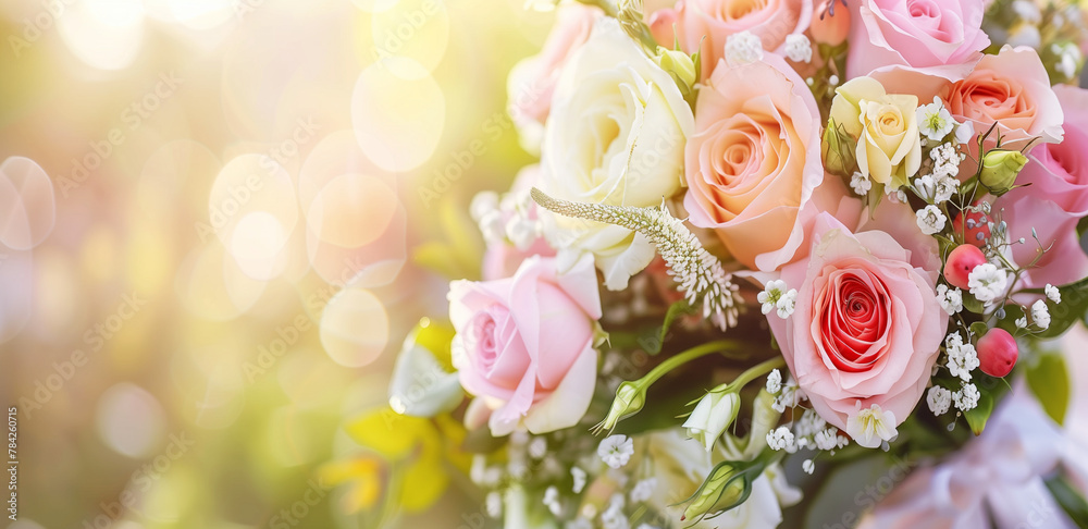 Wedding banner with copy space. Elegant pink roses Wedding bouquet with soft bokeh background. Generative AI