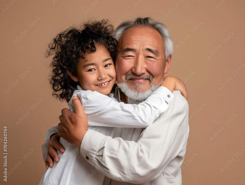 Asian grandfather and granddaughter hugging on brown background. Asian grandfather and granddaughter hugging on brown background.