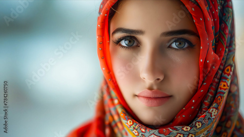 A beautiful woman wearing a red scarf.