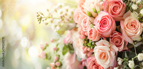 Wedding banner with copy space. Elegant pink roses Wedding bouquet with soft bokeh background. Generative AI