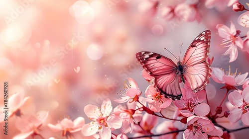 Close shot of pink pastel blooming flower and a butterfly on it with a big space for text or product advertisement, Generative AI. © Noobs