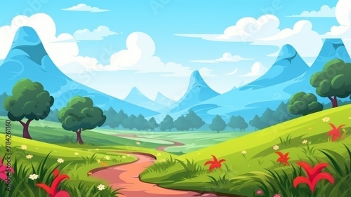 Game landscape. Cartoon design nature. landscape with rolling hills, majestic mountains, and a colorful sky