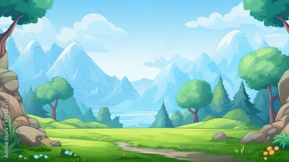 cartoon landscape with a winding path, lush trees, and towering mountains under a clear blue sky