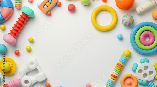 Array of Colorful Childrens Toys Spread on a White Background