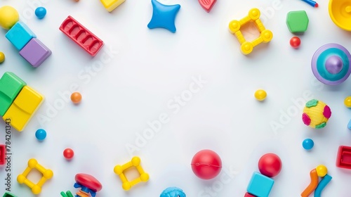 Colorful Assortment of Childrens Toys Arranged on a White Background