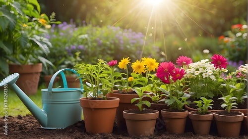 Concept of Gardening. Plants and Flowers in a Garden with a Sunny Background