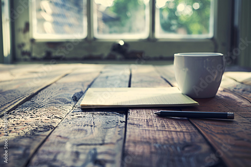 Steaming cup of coffee sits on a wooden desk ready for a morning work session photo