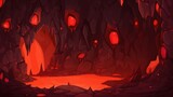 mystical cave with glowing red orbs and silhouetted stalactites under a warm sunset sky