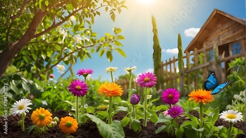 Concept of Gardening. Plants and Flowers in a Garden with a Sunny Background