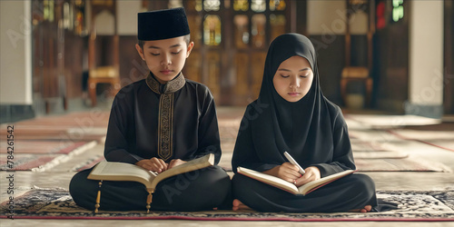 Two children in black robes reading a book. photo