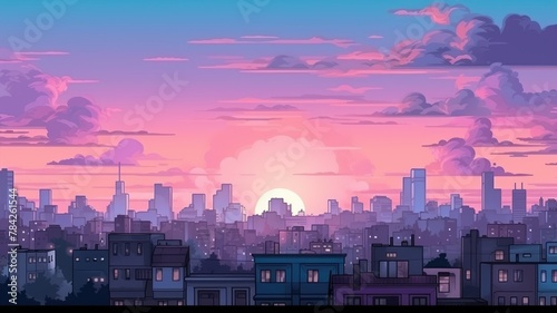 Colorful Cartoon Cityscape with Sunset Sky