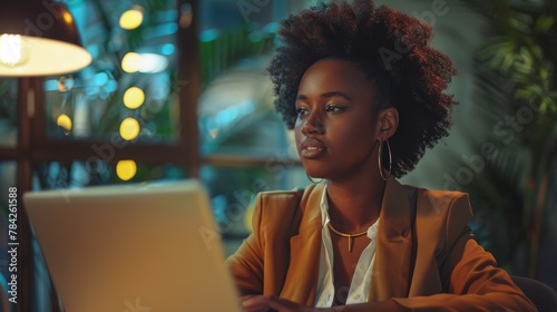 Black Businesswoman Focused On Work at a Laptop in Evening Office Setting photo