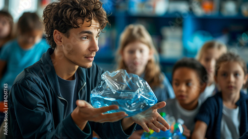 Young scientist ignites passion for a plastic-free future! Ocean pollution model educates captivated students. Earth Day inspiration photo