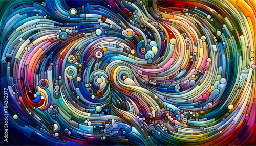 Abstract Elegance: Luminous Stained Glass Spiral of Multicolored Hues photo