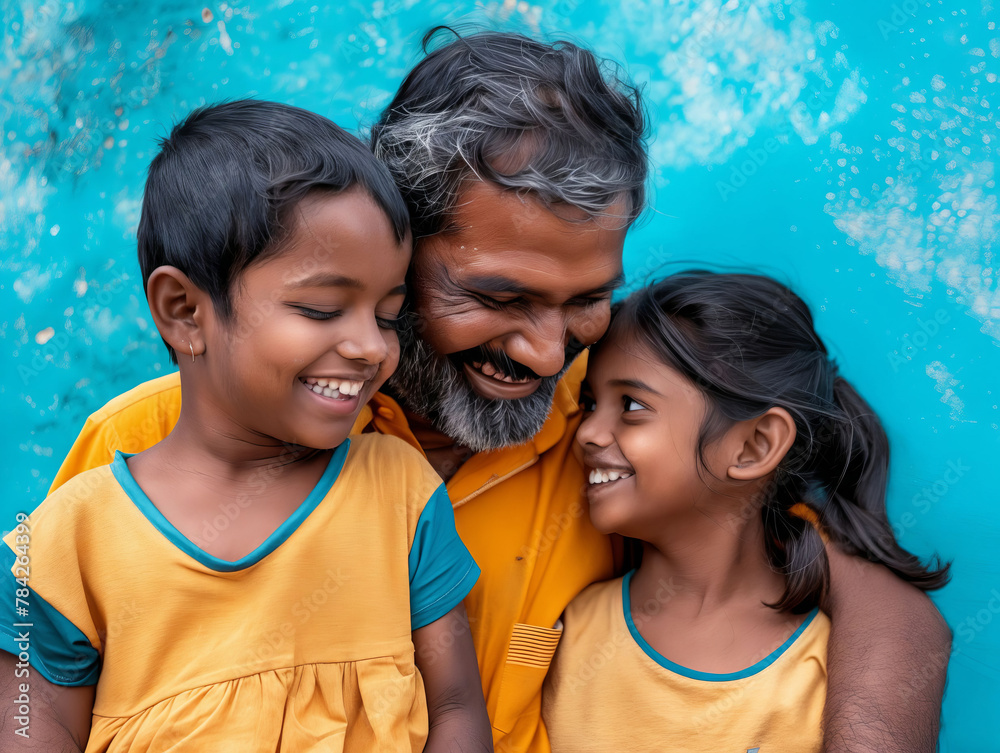 A man and two children are smiling. A man and two children are smiling.
