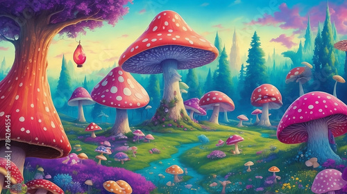 Fantasy Meadows: Candy Skies, Towering Mushrooms, Frolicking Creatures, Whimsical Wonderland © Keena