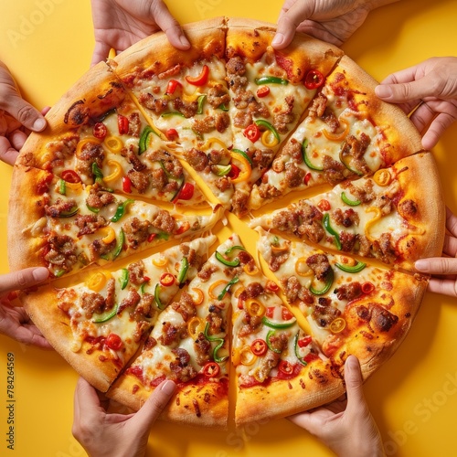 Several hands reaching for a slice of pizza, emphasizing the communal joy of sharing a meal. The vibrant yellow backdrop adds a burst of warmth to the scene.