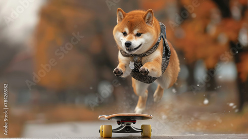 A dog is jumping on a skateboard. The dog is wearing a jacket and is in the air. Shiba Inu turns into a skateboarder photo