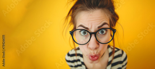 A woman with glasses and a black and white striped shirt is making a funny face. a lighthearted and humorous mood. female blogger, wearing glasses, looking at camera, ridiculous, ironic style