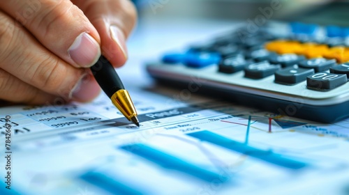 A close-up of a hand holding a pen over financial charts, with a calculator ready for use, symbolizing detailed budget planning.
