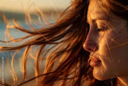 Beach Serenity, Close-Up of Wind-Swept Hair at Sunset