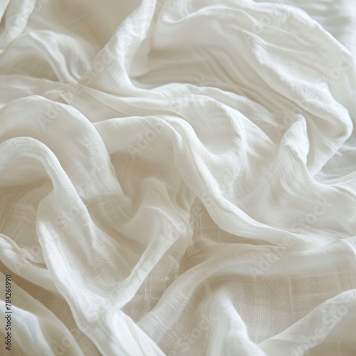 Soft white gauze fabric with delicate folds and a subtle texture, conveying a sense of gentle elegance and simplicity.