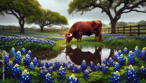 A majestic longhorn drinks from a still pond in a serene Texan pasture, surrounded by a sea of vibrant bluebonnets under a canopy of sprawling live oaks. photo